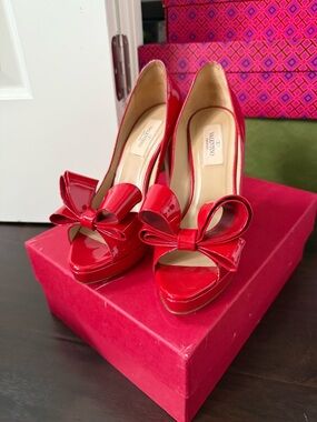 Valentino Red Patent Peep-Toe Bow Heels